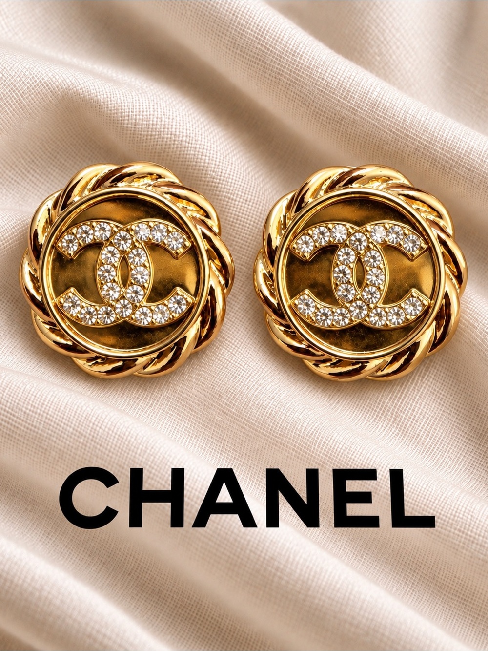 CHANEL Gold-Tone Crystal CC Logo Rope-Edge Stud Earrings
